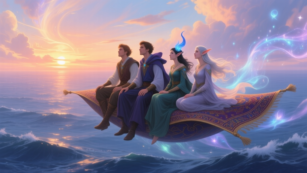 Mystical Journey on a Flying Carpet at Sunset