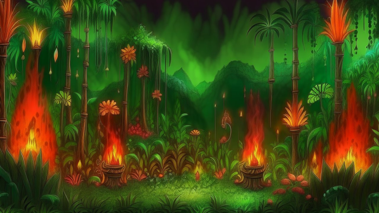 Mystical Jungle Scene with Fiery Torches