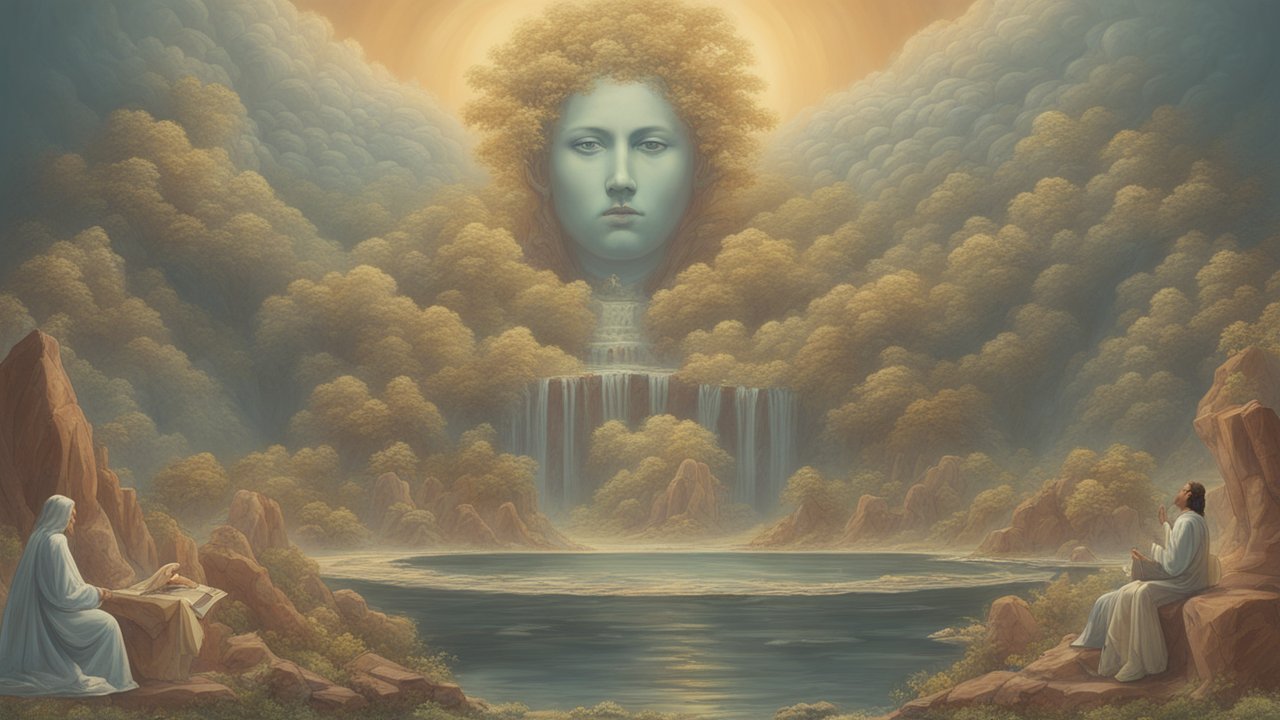 Mystical Landscape with Giant Serene Face and Waterfall