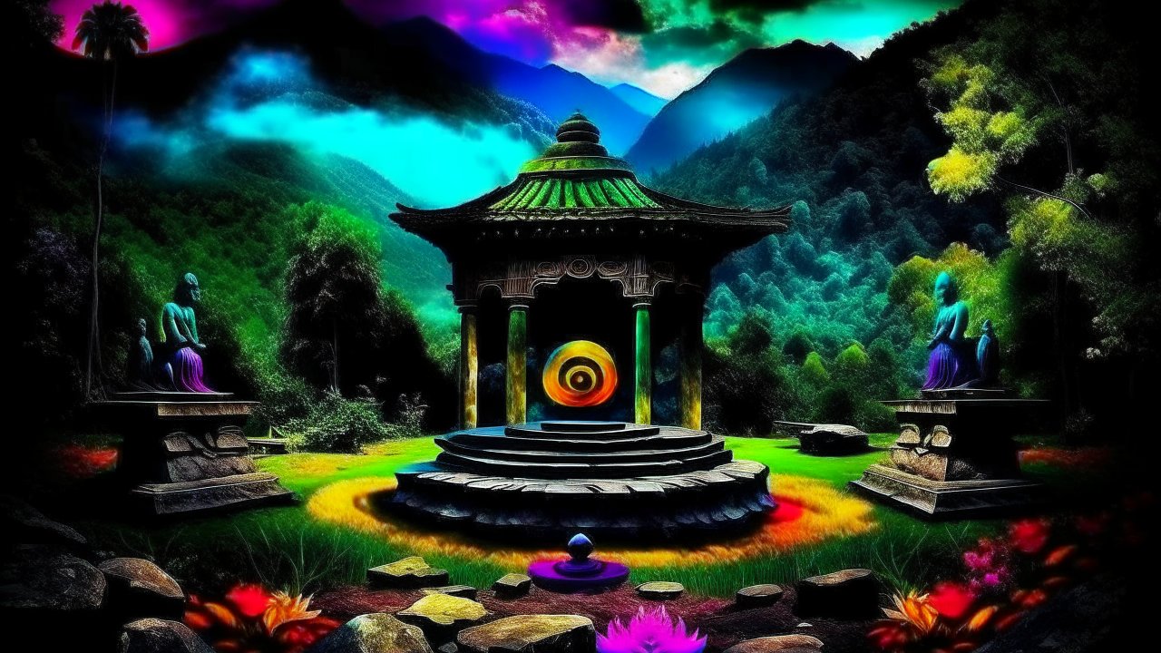 Mystical Meditation Pavilion in Vibrant Mountain Landscape
