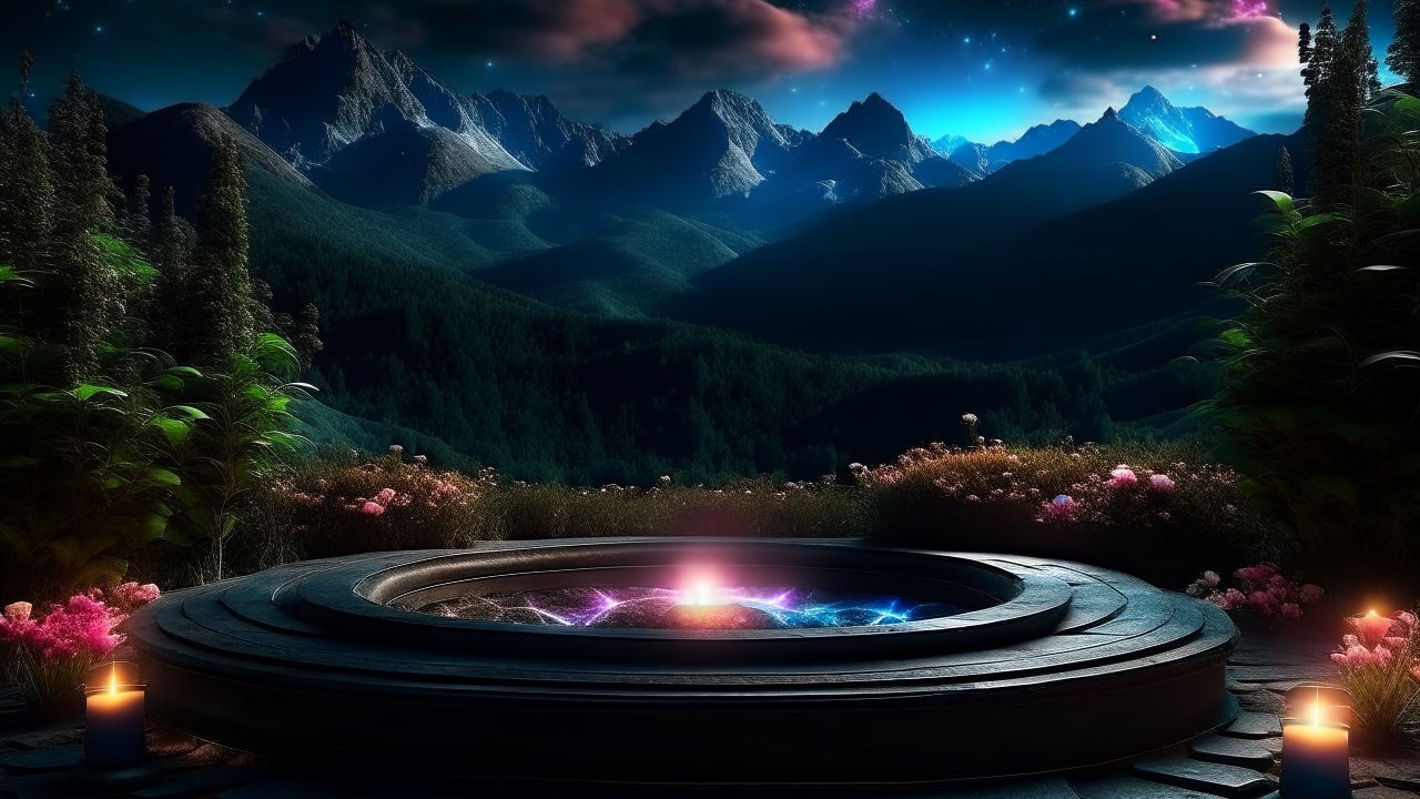 Mystical Meditation Podium in Enchanted Mountain Landscape