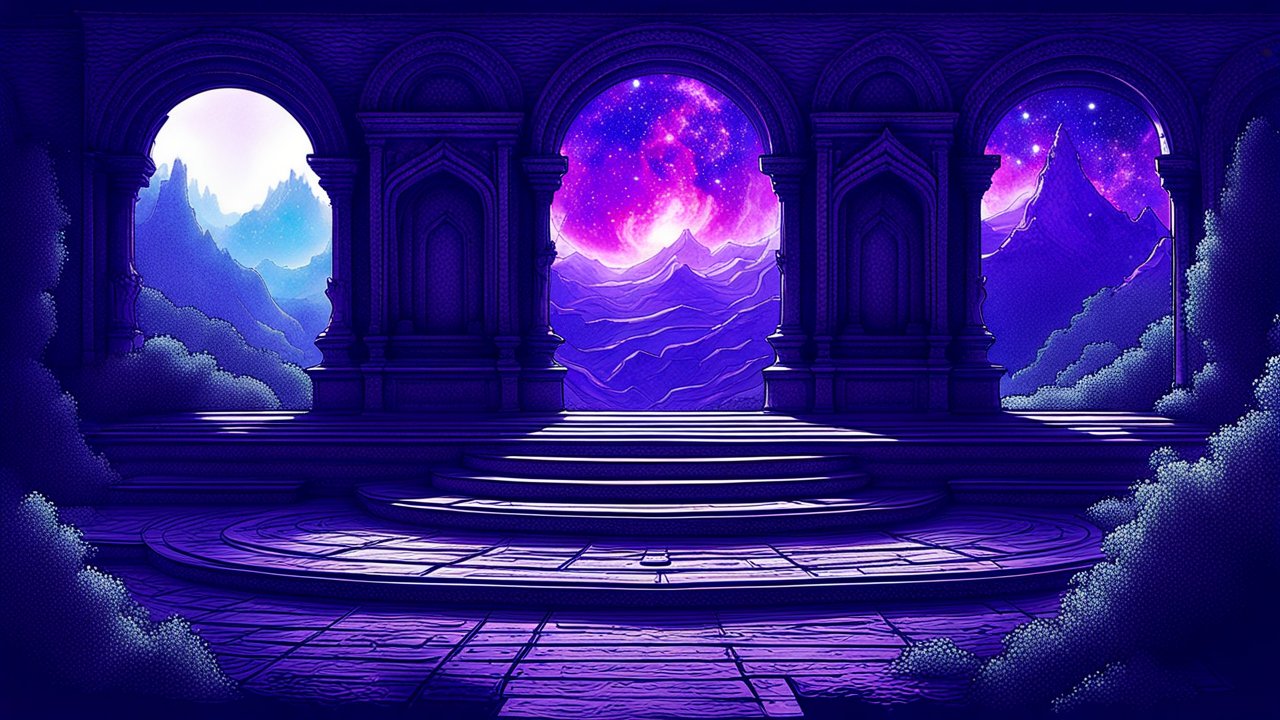 Mystical Meditation Podium with Cosmic Mountain Views