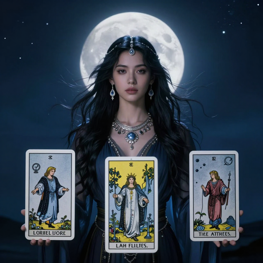 Mystical Moon Priestess Holding Tarot Cards Under Full Moon