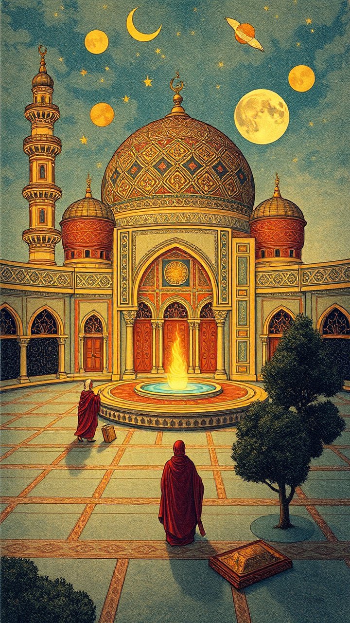 Mystical Mosque Courtyard Under Celestial Sky