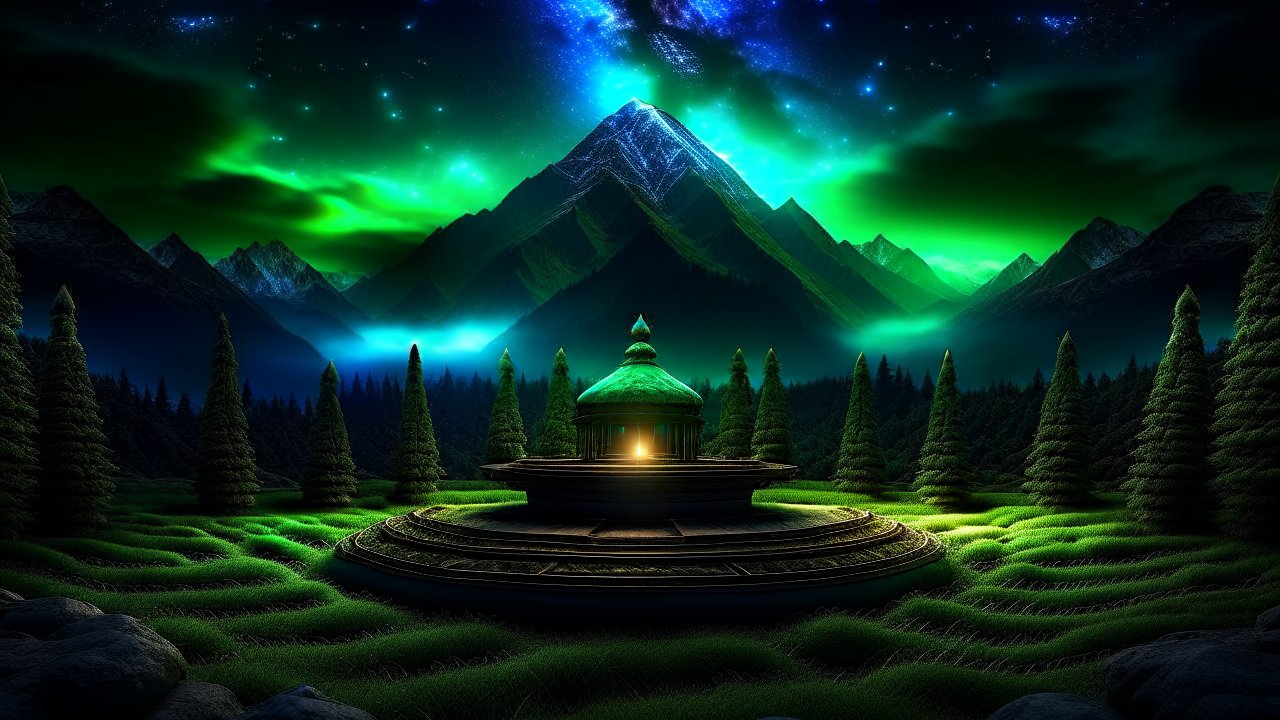 Mystical Mountain Shrine Under a Starry Sky