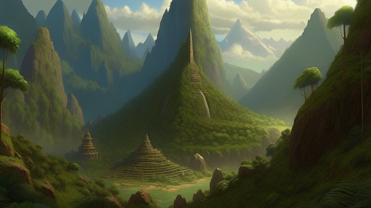 Mystical Mountain Valley with Ancient Pyramids
