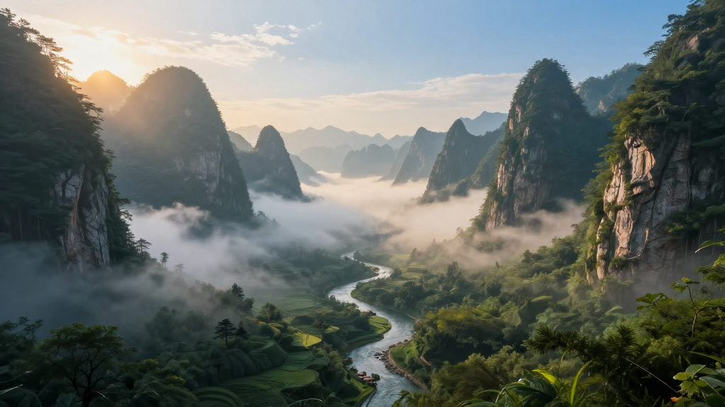 Mystical Mountain Valley with River and Morning Mist