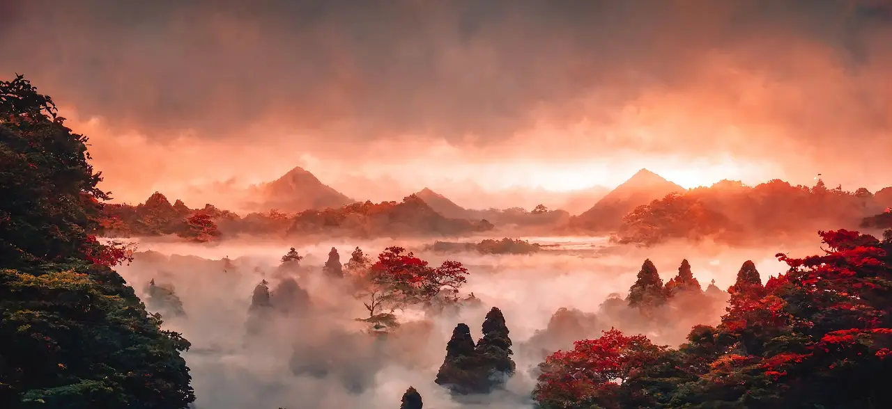 Mystical Mountain Vista at Sunset with Fog and Autumn Trees