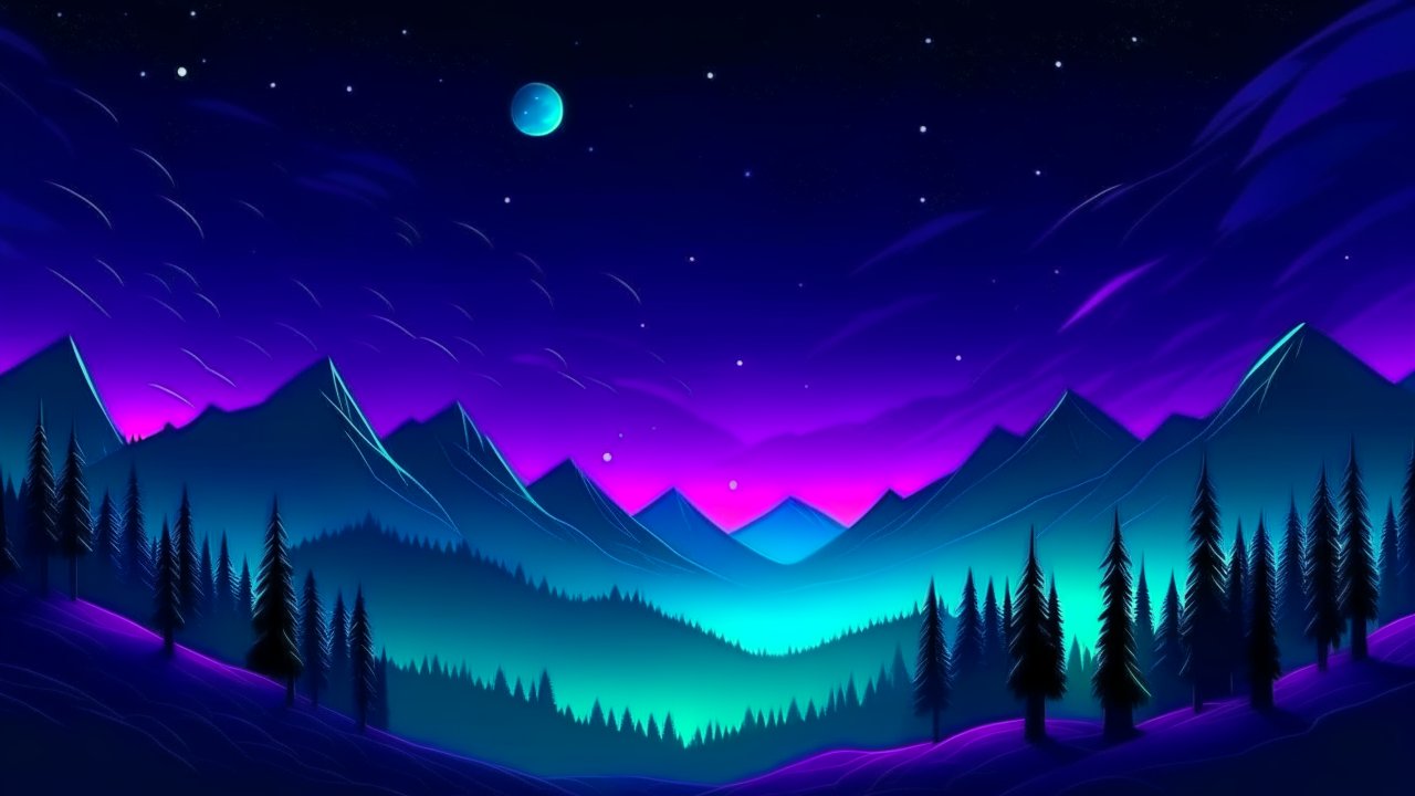 Mystical Night in a Neon Mountain Forest