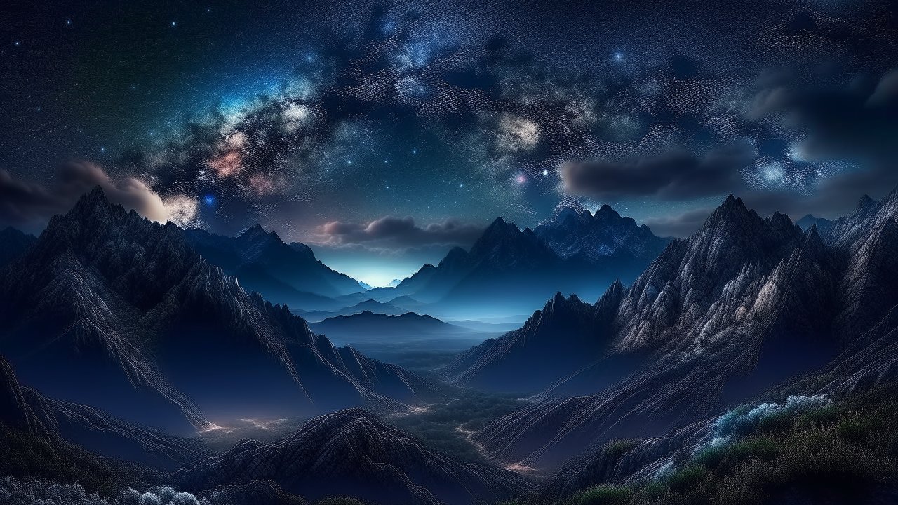 Mystical Night Sky Over Majestic Mountain Range