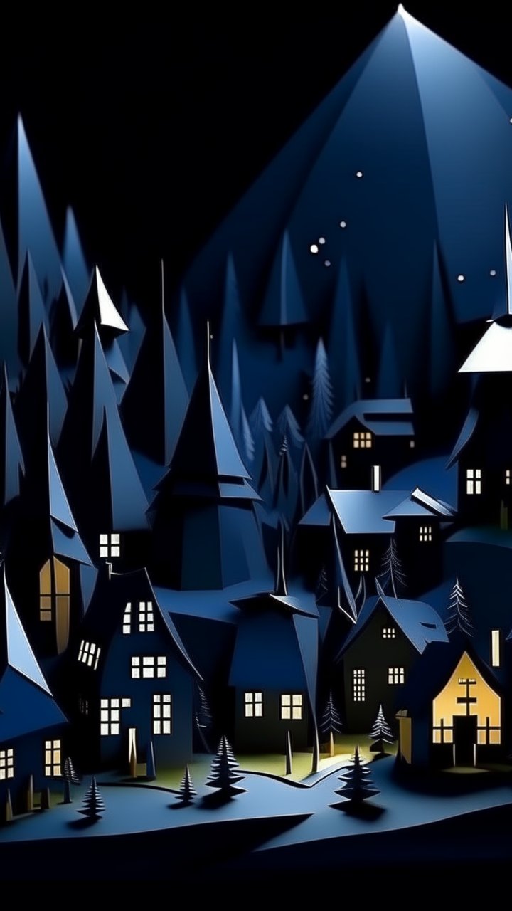 Mystical Night Village with Illuminated Houses