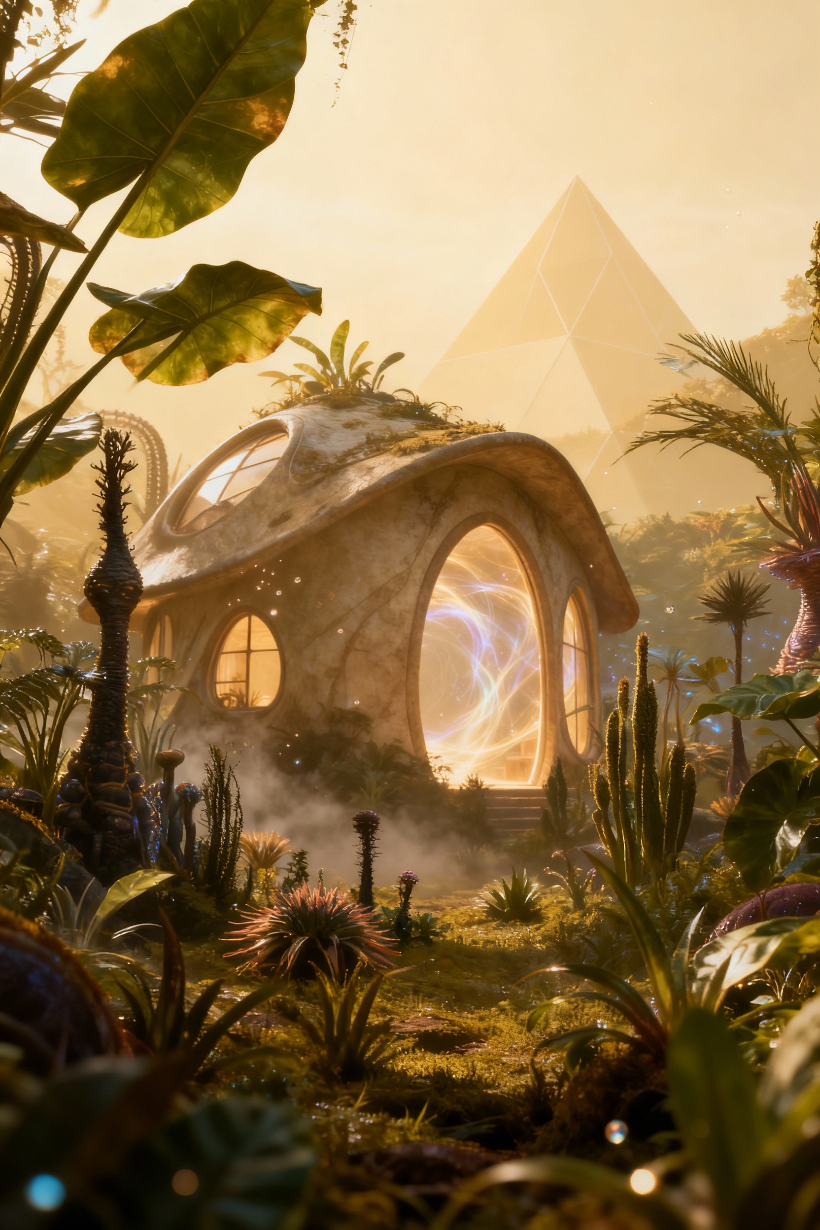 Mystical Organic Dwelling in a Lush Garden with a Pyramid