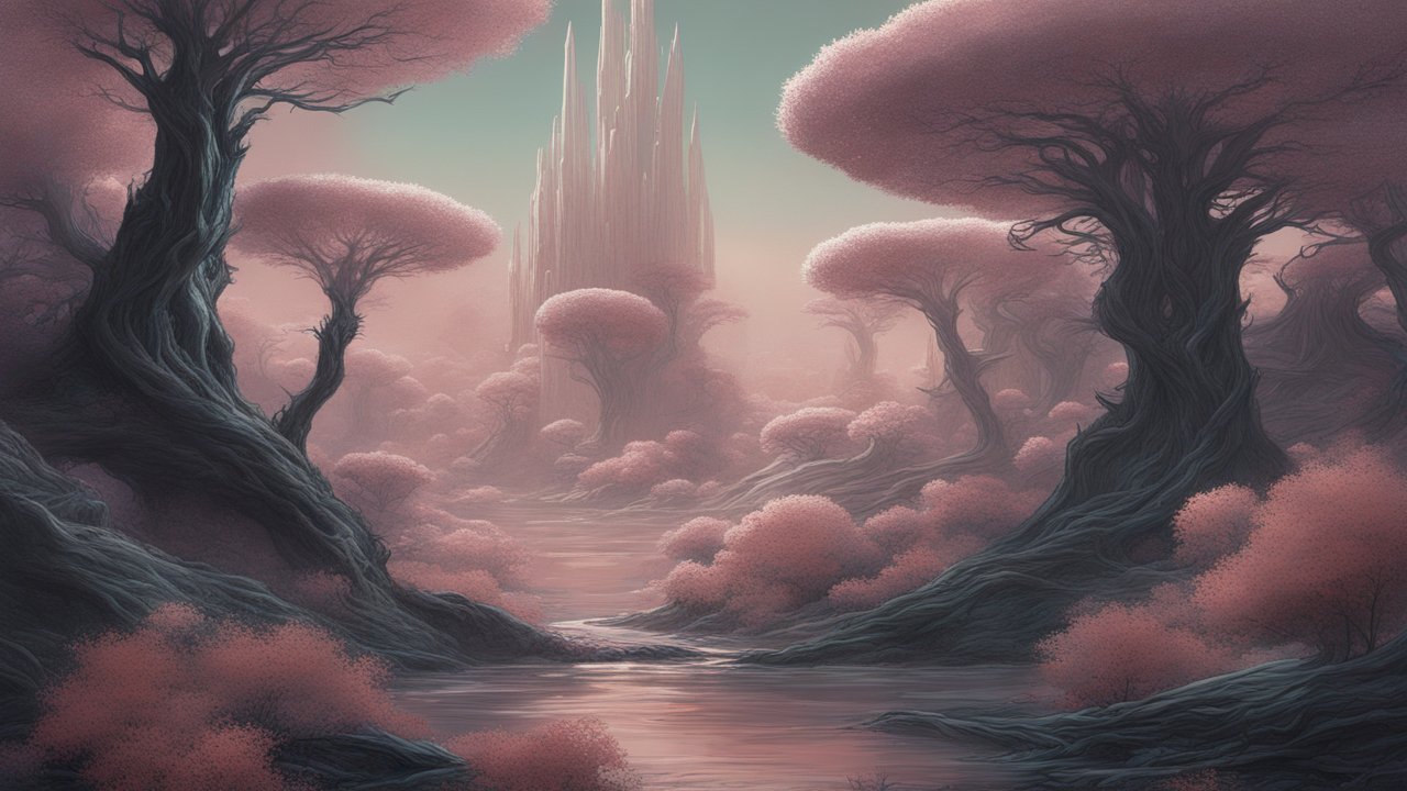 Mystical Pink Forest with Towering Spires