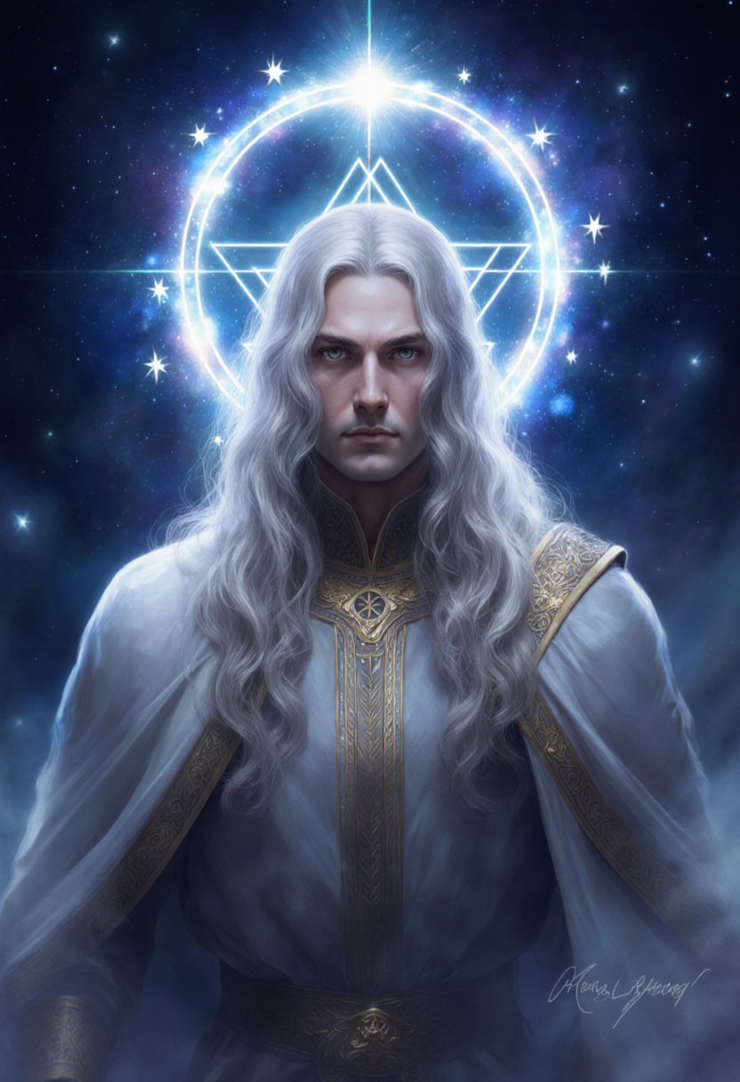 Mystical Portrait of a White-Haired Man with Celestial Halo