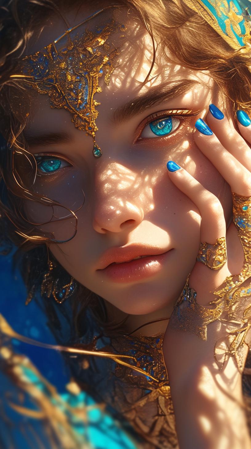 Mystical Portrait of a Woman with Blue Eyes and Golden Adornments