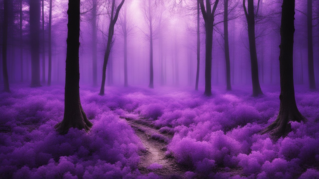 Mystical Purple Forest Path in Foggy Woods