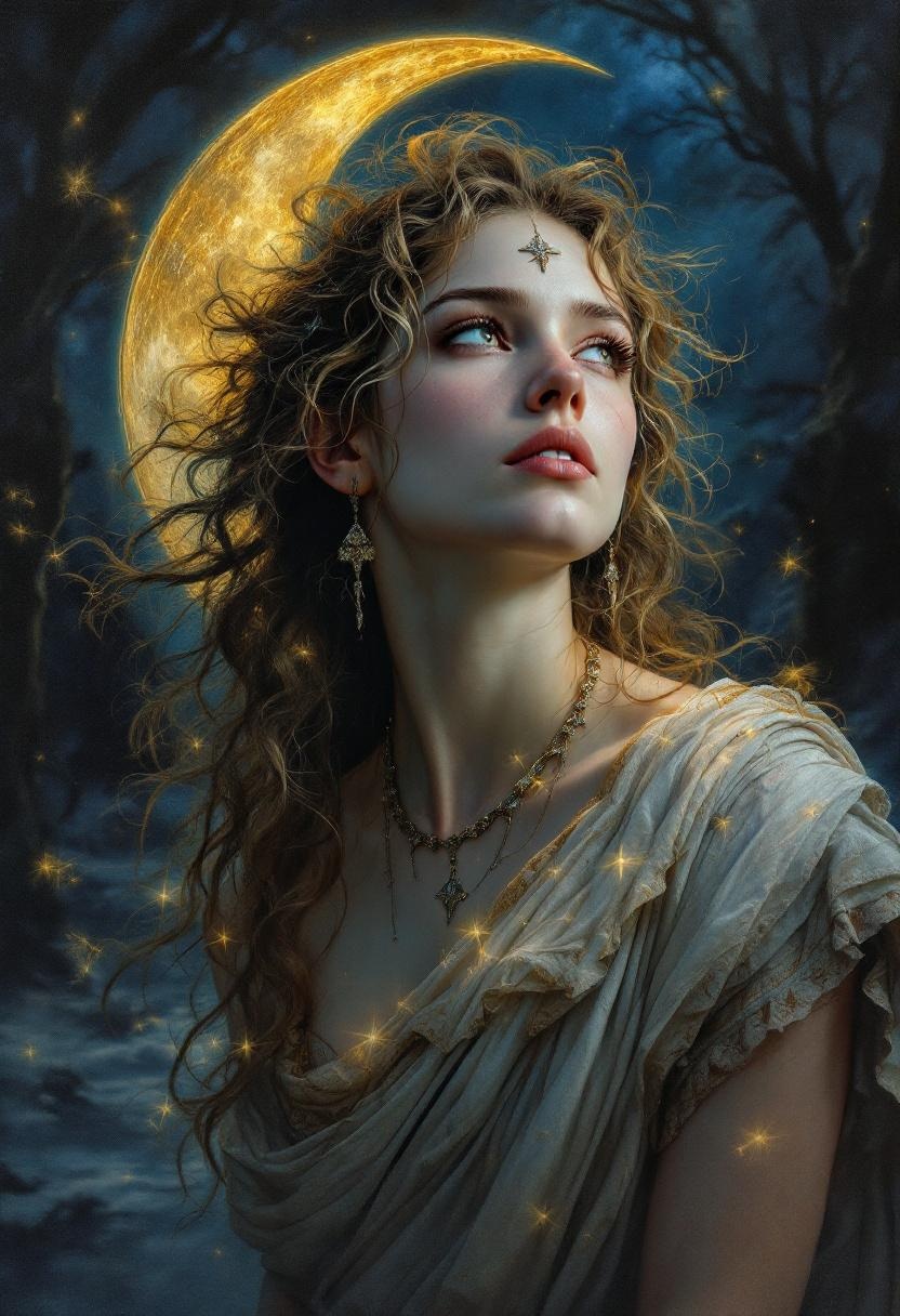 Mystical Realistic Portrait of Artemis with Golden Moon Halo