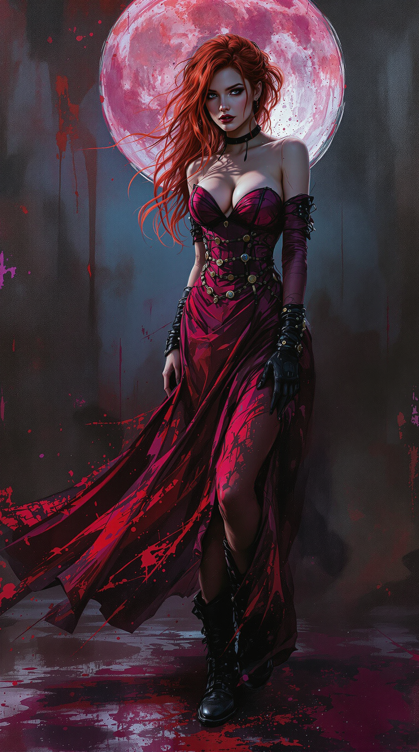 Mystical Red-Haired Woman with Full Moon Backdrop