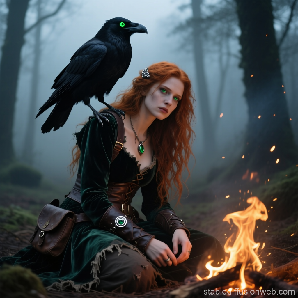 Mystical Red-Haired Woman with Raven in Enchanted Forest