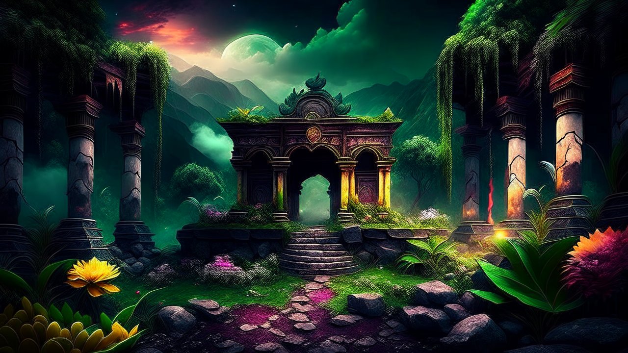 Mystical Ruins in a Lush Enchanted Forest