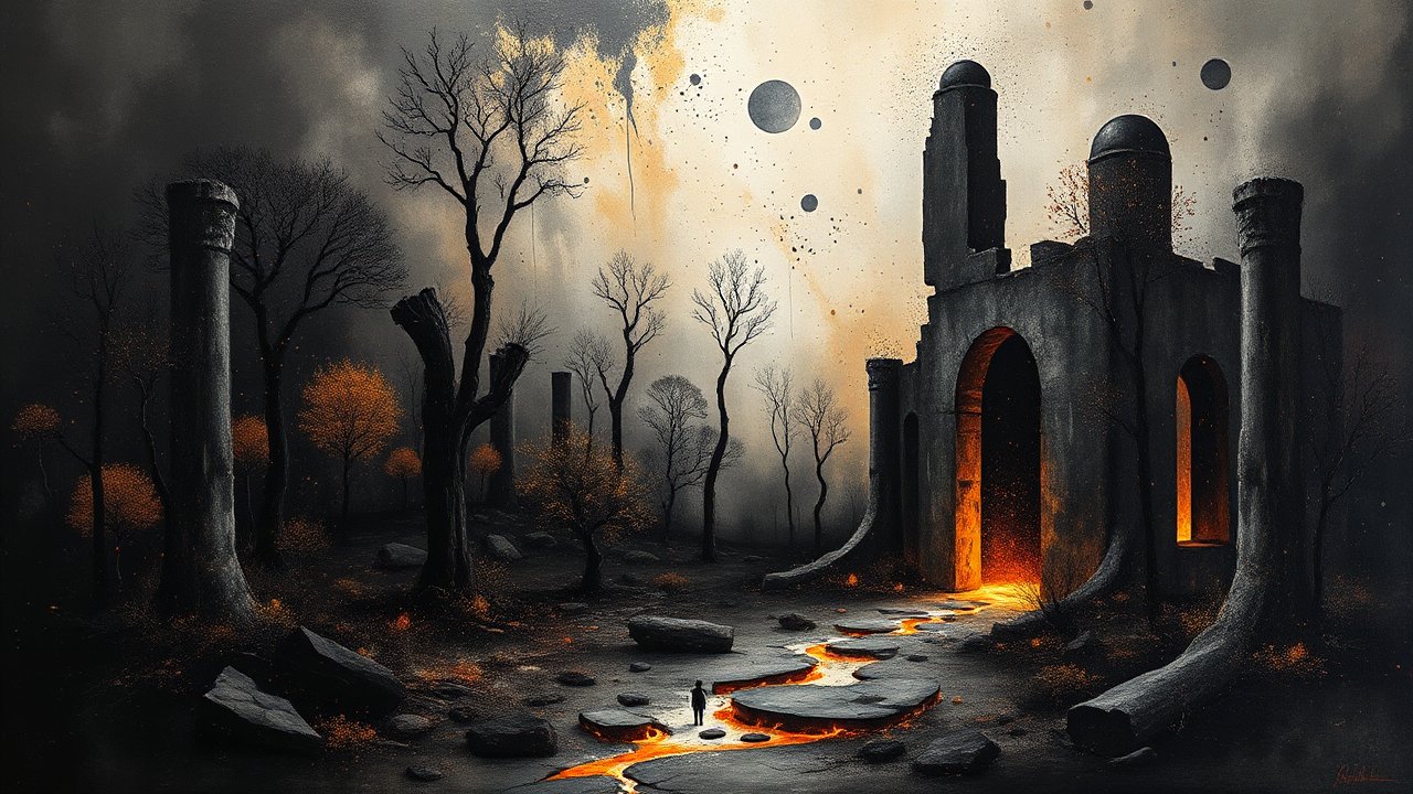 Mystical Ruins with Fiery Path in a Dark Forest