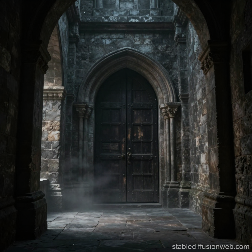 Mystical Stone Corridor with Ancient Wooden Door