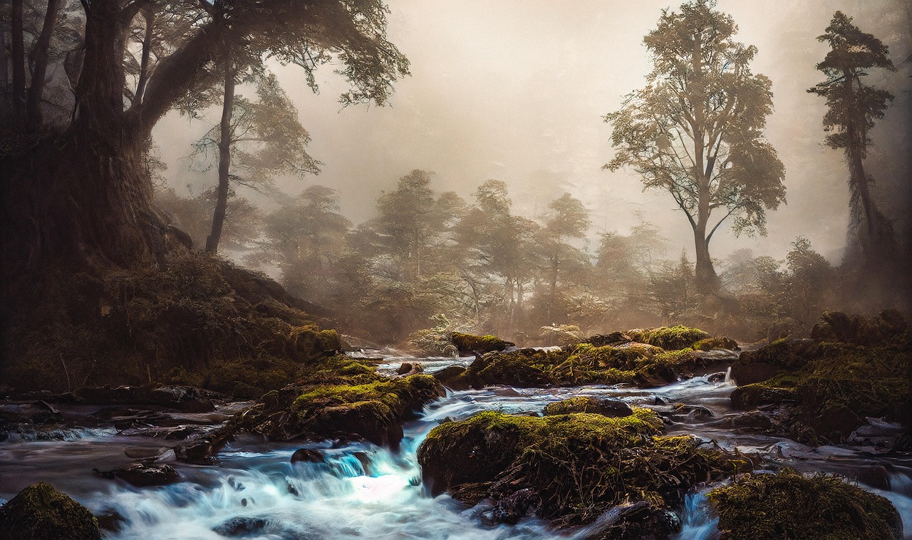 Mystical Stream Flowing Through a Foggy Forest
