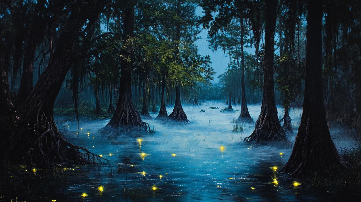 Mystical Swamp at Twilight with Glowing Fireflies