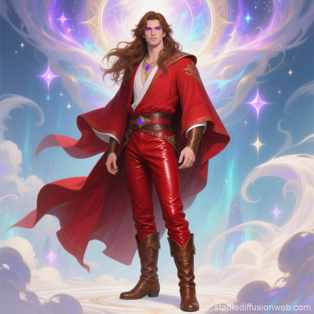 Mystical Tall Man in Red with Glowing Purple Eyes