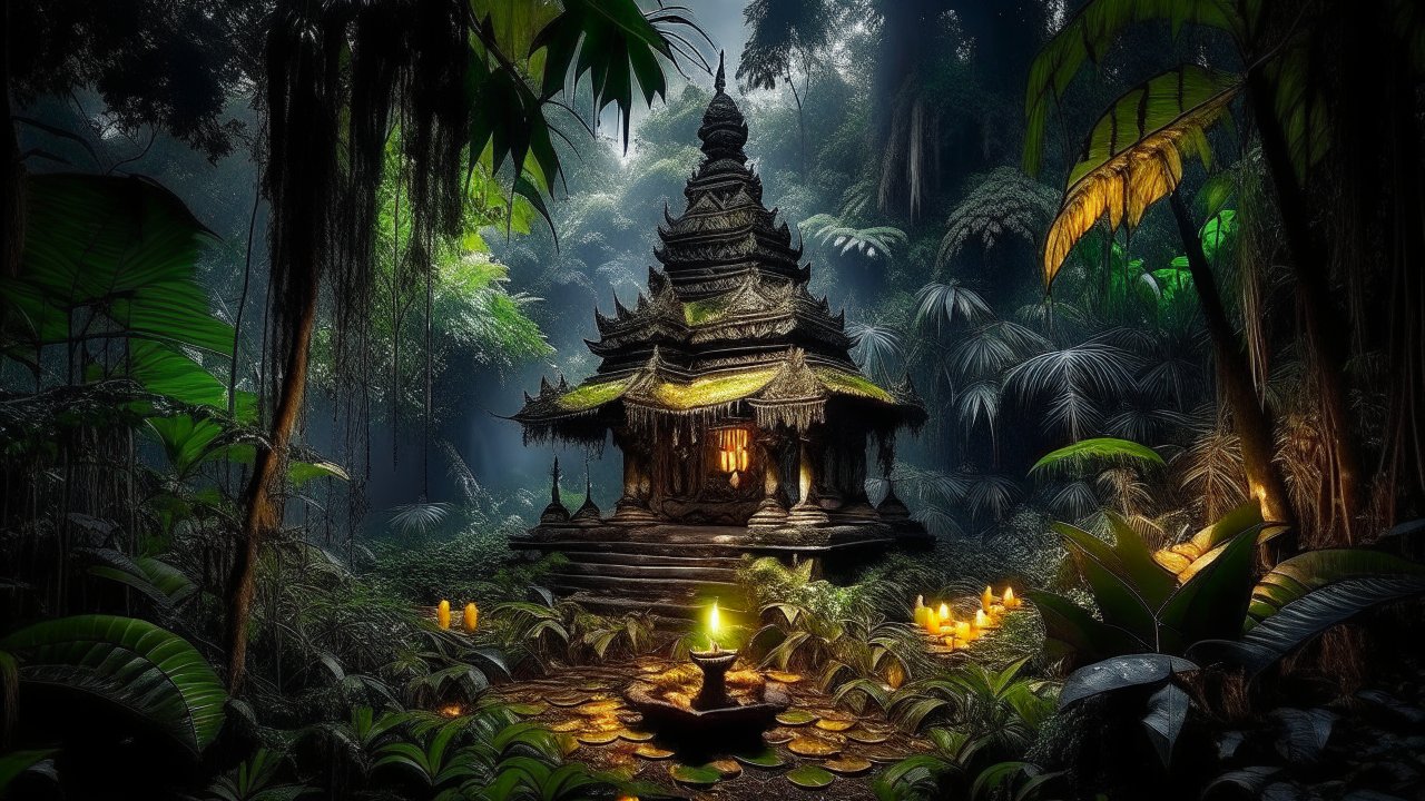 Mystical Temple Illuminated by Candlelight in Dense Jungle