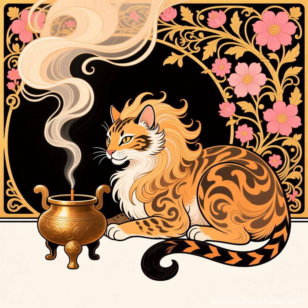 Mystical Tiger Cat with Incense and Floral Motifs