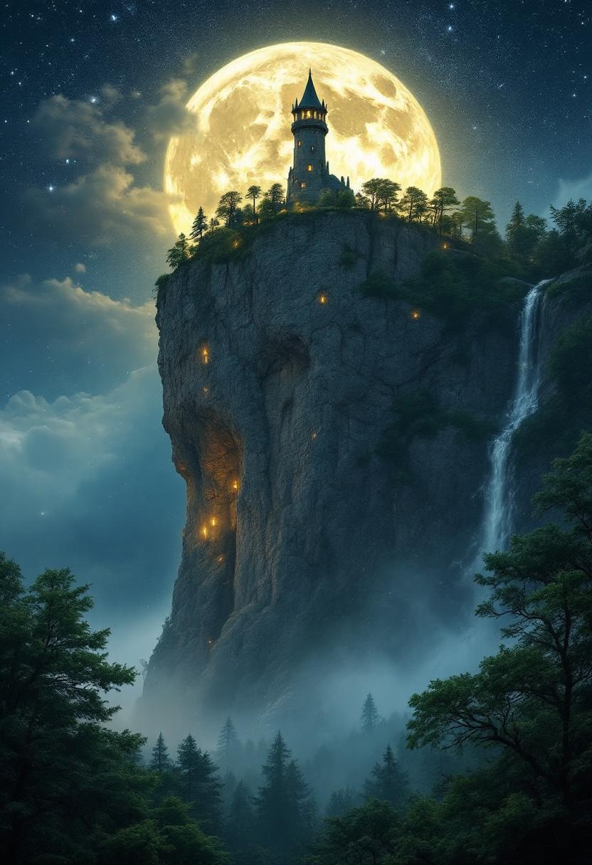 Mystical Tower on Cliff Under Full Moon