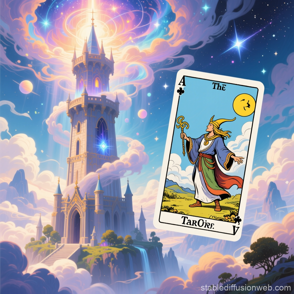 Mystical Tower with Tarot Card of The Fool