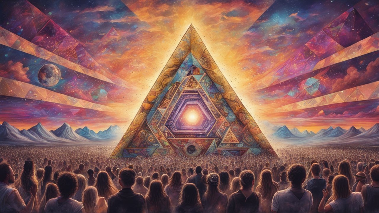 Mystical Triangular Portal Illuminates Gathering Crowd