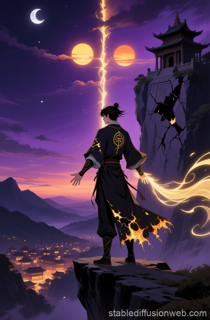 Mystical Warrior Overlooking Ancient City at Twilight