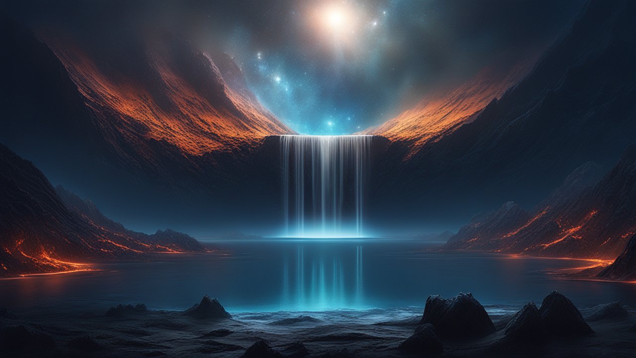 Mystical Waterfall in a Cosmic Mountain Valley