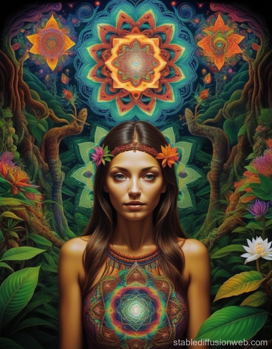 Mystical Woman in Enchanted Forest with Sacred Geometry