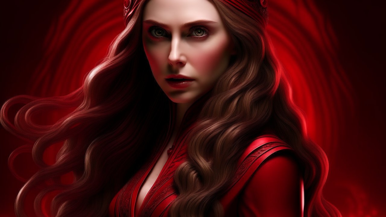 Mystical Woman in Red with Flowing Hair