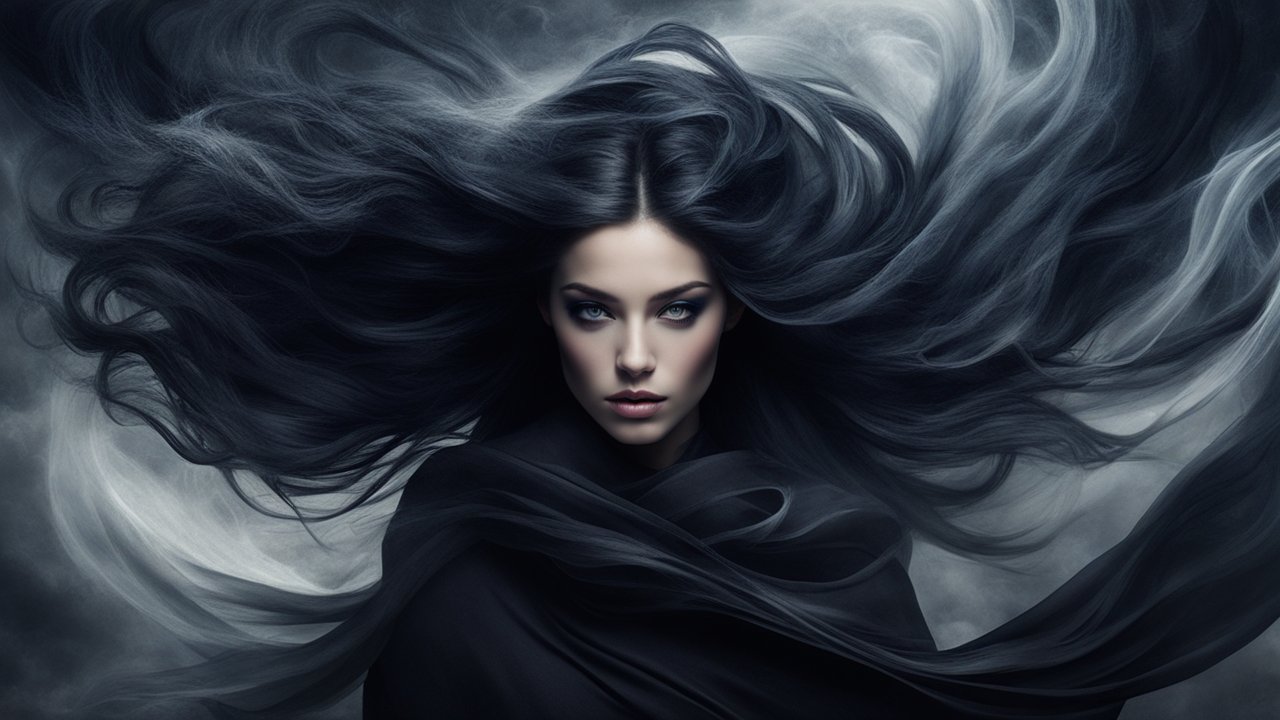 Mystical Woman with Flowing Dark Hair in Moody Atmosphere