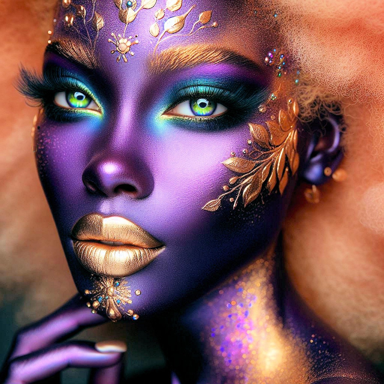 Mystical Woman with Purple and Gold Fantasy Makeup