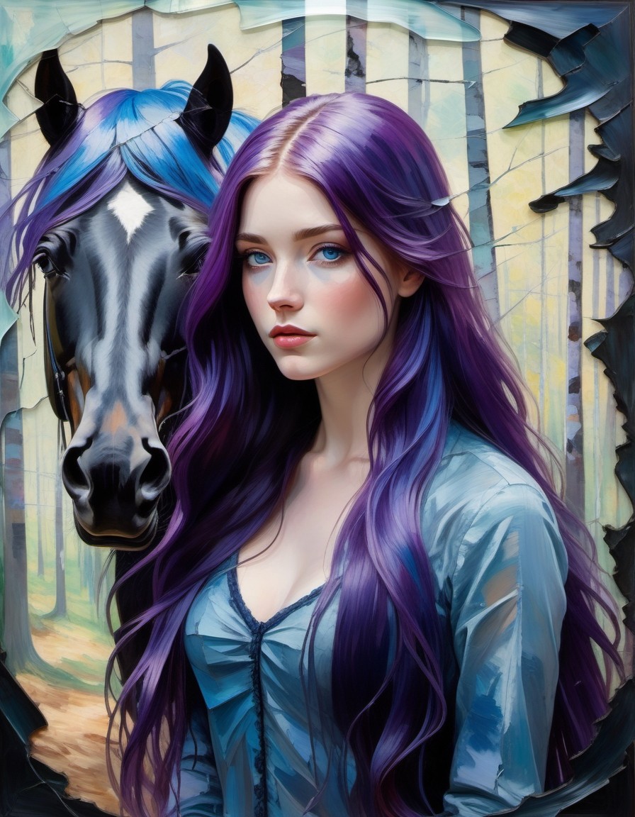 Mystical Woman with Purple Hair and Horse in Enchanted Forest