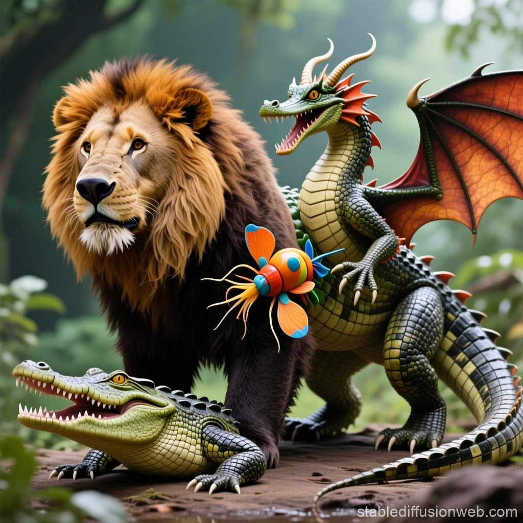 Mythical Animal Mashup Featuring Lion, Dragon, Crocodile, and Colorful Insect