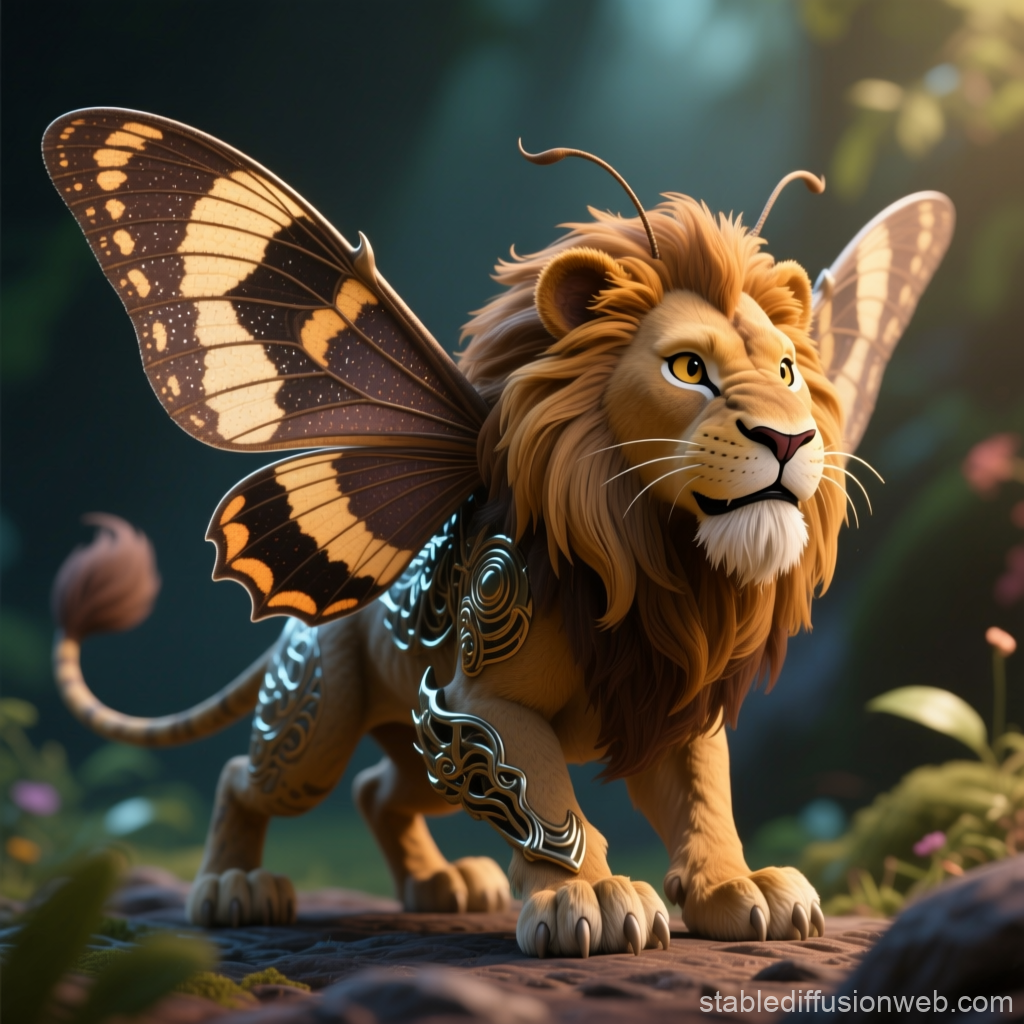 Mythical Lion with Butterfly Wings in Enchanted Forest