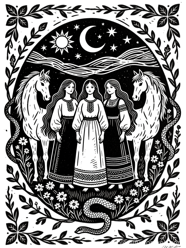 Mythical Trio with Horses in Linocut Style
