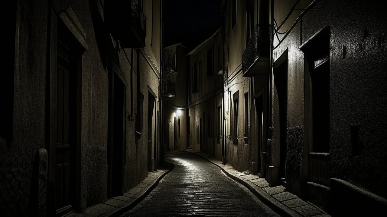 Narrow Cobblestone Street Illuminated by Streetlights at Night
