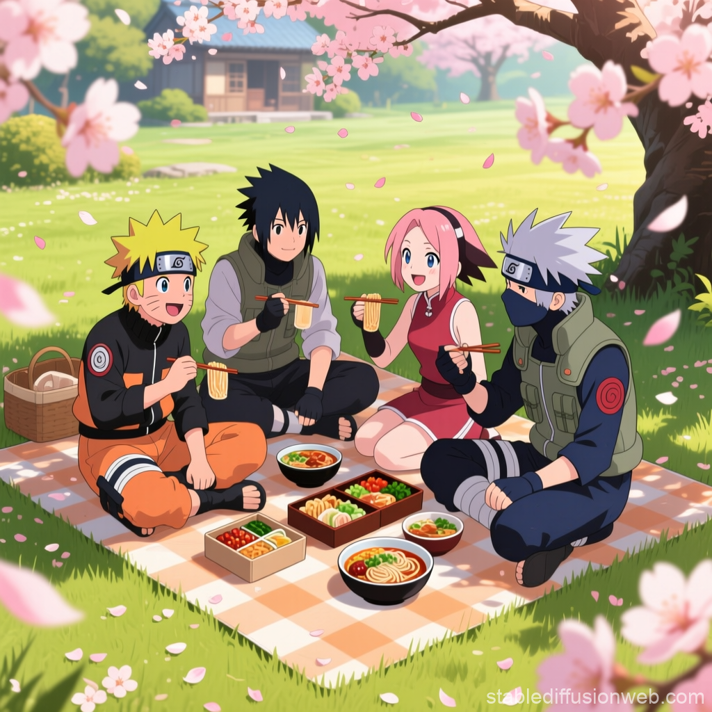 Naruto and Friends Enjoying a Picnic Under Cherry Blossoms