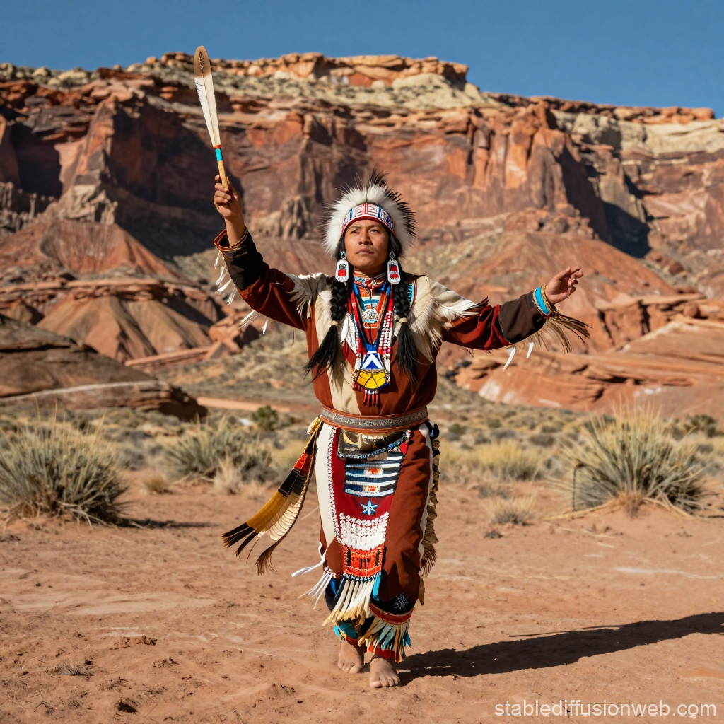 Native American Shaman Dancing in Desert Landscape
