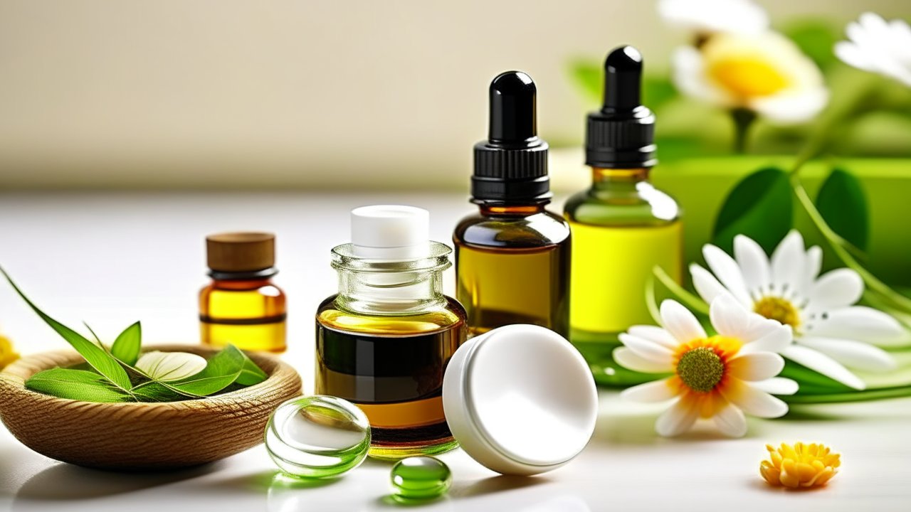 Natural Essential Oils and Herbal Skincare Products with Flowers