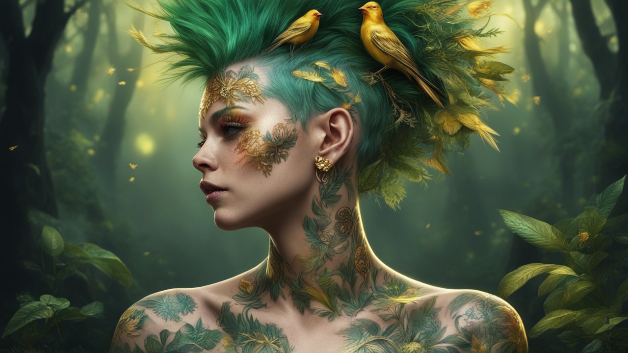 Nature-Inspired Woman with Green Hair and Bird Adornments