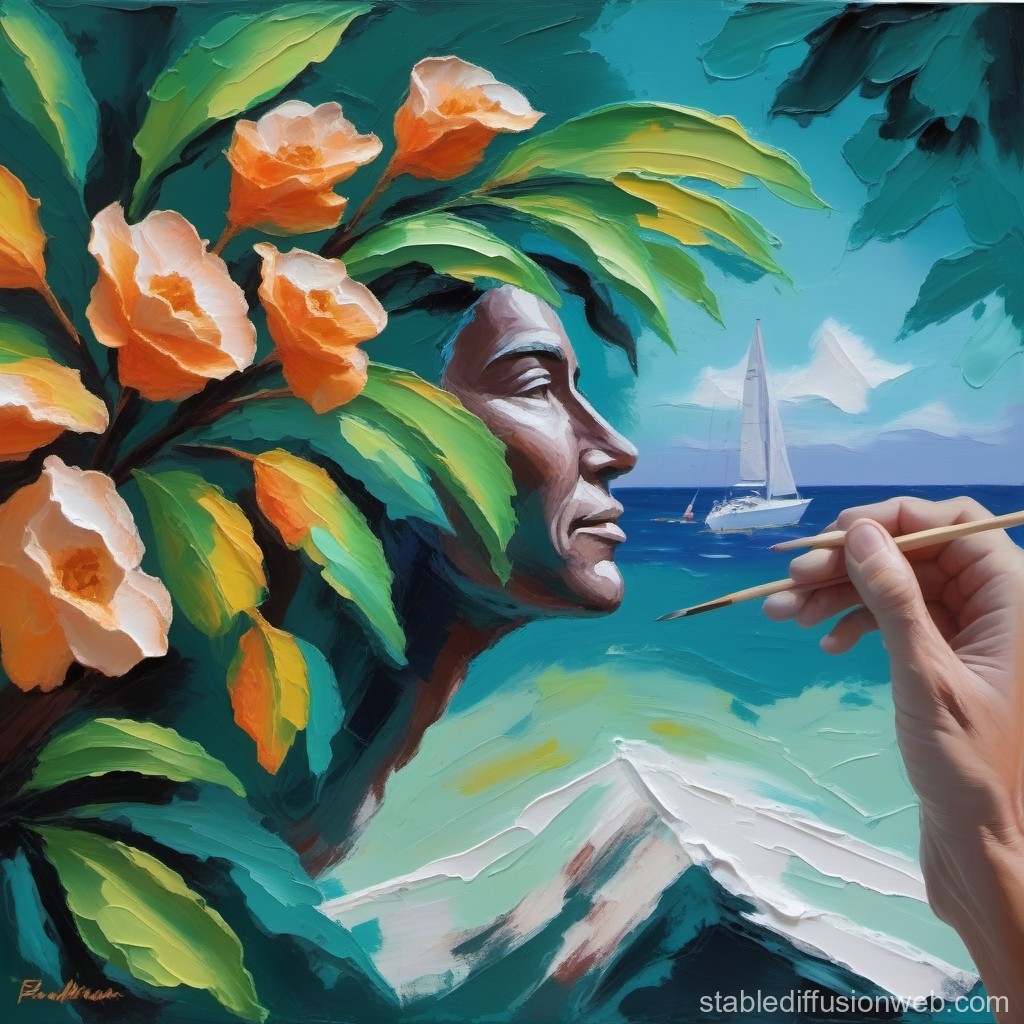 Nature's Face Emerging from Floral Landscape with Sailboat